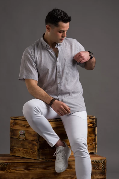 ADVANTE KISA KOL CEPLİ RAHAT KESİM YAKA DÜĞMELİ İNCE KETEN GÖMLEK - Resim 10