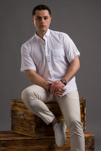 ADVANTE KISA KOL CEPLİ RAHAT KESİM YAKA DÜĞMELİ İNCE KETEN GÖMLEK - Resim 5