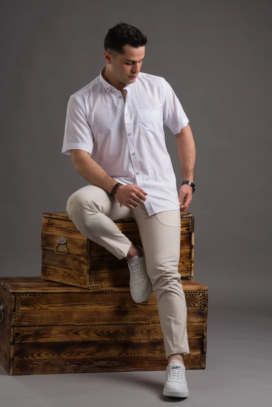 ADVANTE KISA KOL CEPLİ RAHAT KESİM YAKA DÜĞMELİ İNCE KETEN GÖMLEK - Resim 7