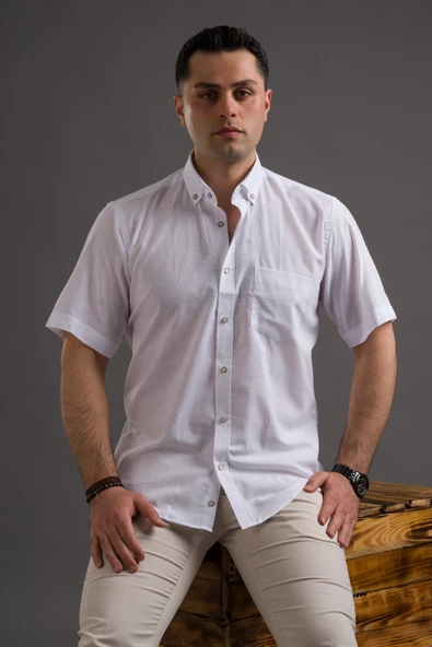 ADVANTE KISA KOL CEPLİ RAHAT KESİM YAKA DÜĞMELİ İNCE KETEN GÖMLEK - Resim 6