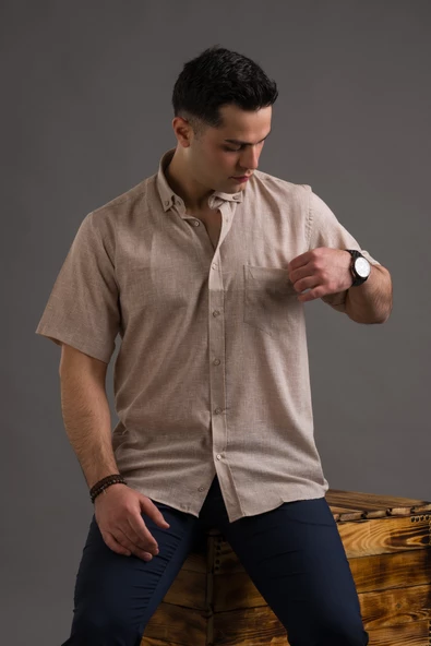 ADVANTE KISA KOL CEPLİ RAHAT KESİM YAKA DÜĞMELİ İNCE KETEN GÖMLEK - Resim 3