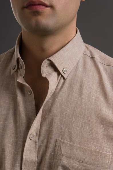 ADVANTE KISA KOL CEPLİ RAHAT KESİM YAKA DÜĞMELİ İNCE KETEN GÖMLEK - Resim 4