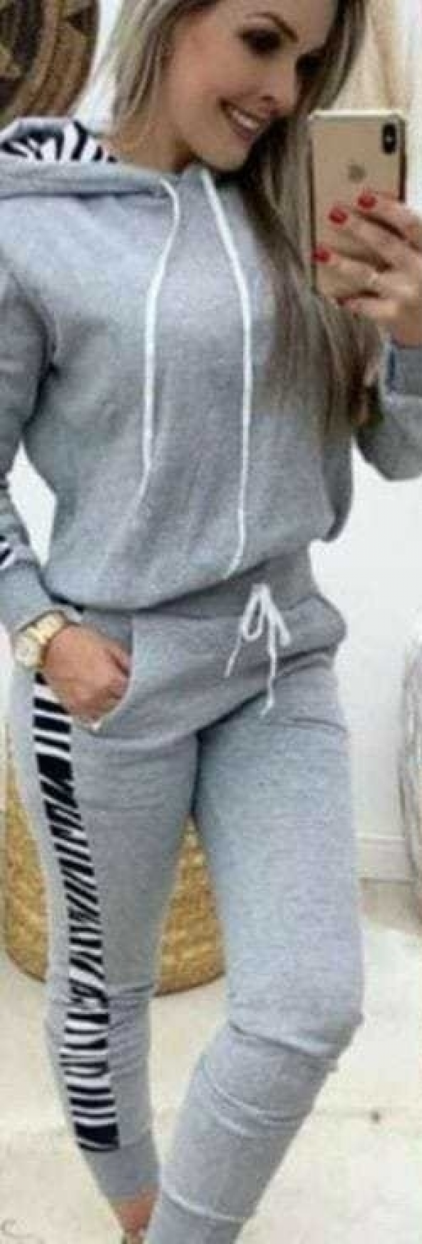 Kadın Uzun Kollu şerit Detay Kapüşonlu Iki Iplik Viskon Takım  Gri 2XL-3XL - 3