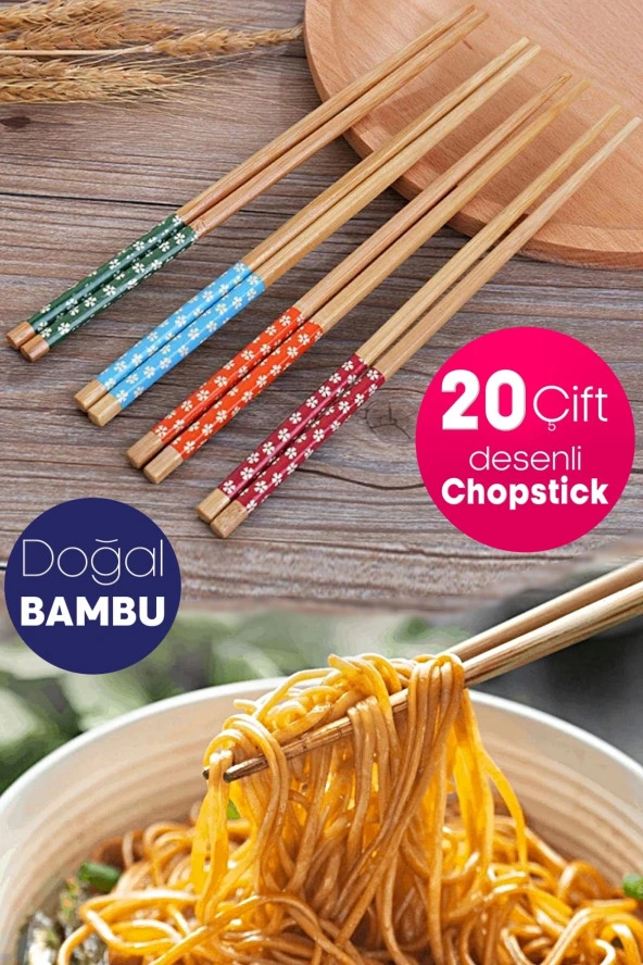 20 Çift Bambu Chopstick Desenli Yıkanabilir Kore Çin Yemek Çubuğu El Yapımı Doğal Ahşap Sushi Çubuk