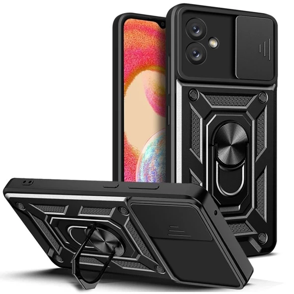 Gpack Samsung Galaxy A04E Kılıf Sert Silikon Tank Aramid Sürgülü Vega Yüzüklü