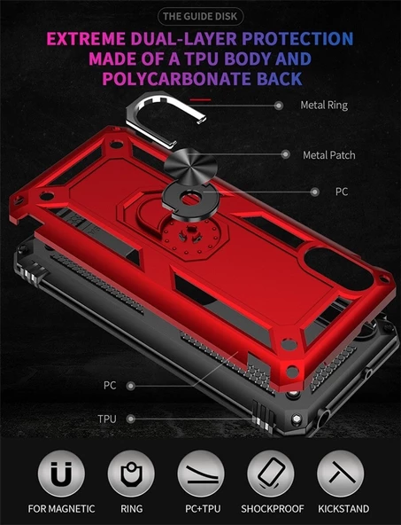 Smcase Xiaomi Redmi 9A Kılıf Vega Yüzüklü Çift Katmanlı Tank Kapak  Nano Ekran Koruyucu - 4