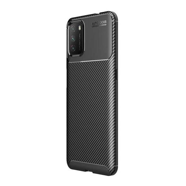 Smcase Xiaomi Poco M3 Kılıf Karbon Dokulu Silikon  Nano Ekran Koruyucu