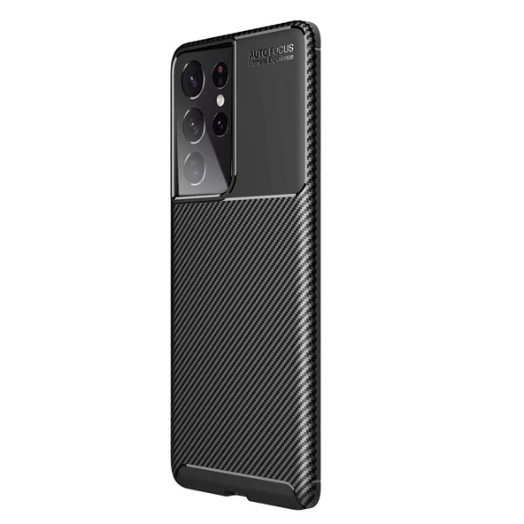 Smcase Samsung Galaxy S21 Ultra 5G Kılıf Karbon Dokulu Negro Silikon  Tam Kapatan Ekran Koruyucu