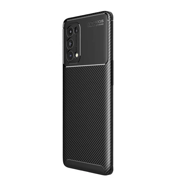 Smcase Oppo Reno 5 5G Kılıf Kamera Korumalı Karbon Dokulu Silikon  Tam Kapatan Ekran Koruyucu