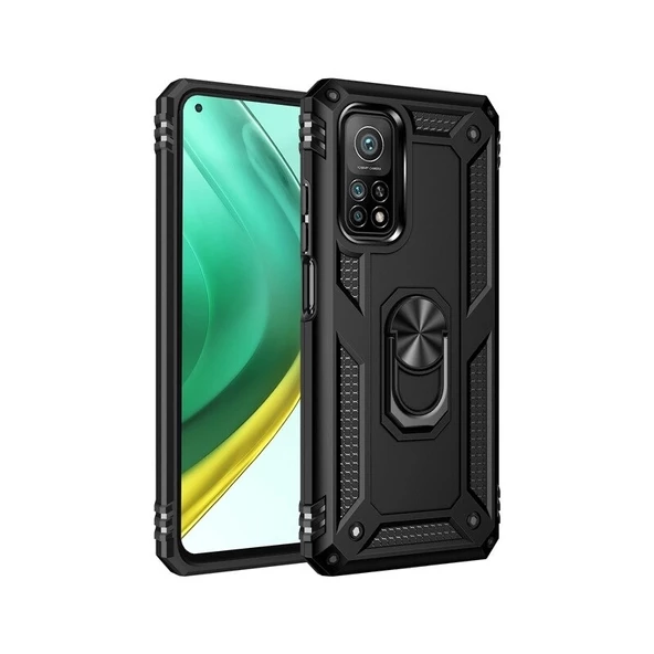 Smcase Xiaomi Mi10T Pro Kılıf Vega Yüzüklü Standlı Tank Kapak  Nano Ekran Koruyucu