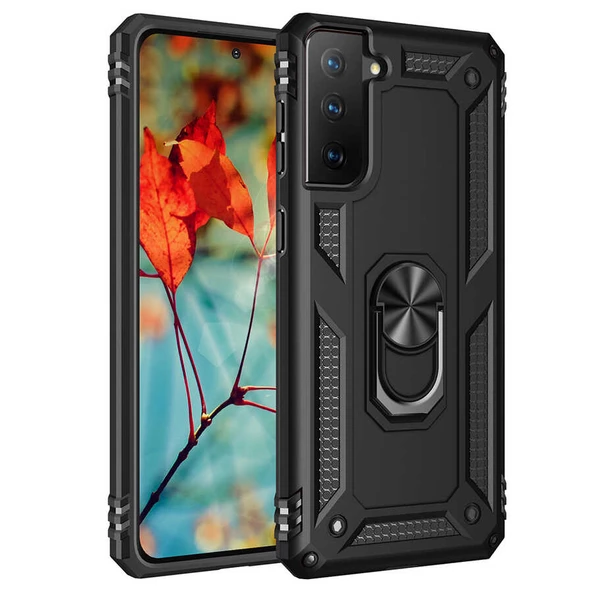 Smcase Samsung Galaxy S21 FE Kılıf Vega Yüzüklü Shockproof Tank Silikon  Nano Ekran Koruyucu