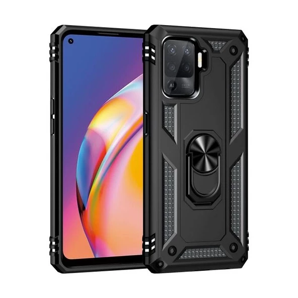 Smcase Oppo Reno 5 Lite Kılıf Vega Yüzüklü Tank Silikon  Nano Ekran Koruyucu