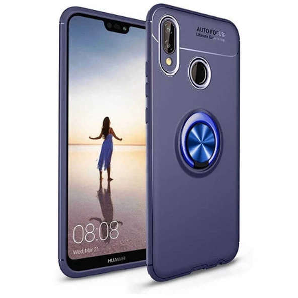 Smcase Huawei P Smart 2019 Ravel Yüzüklü Silikon Kılıf Lacivert  Nano Ekran Koruyucu