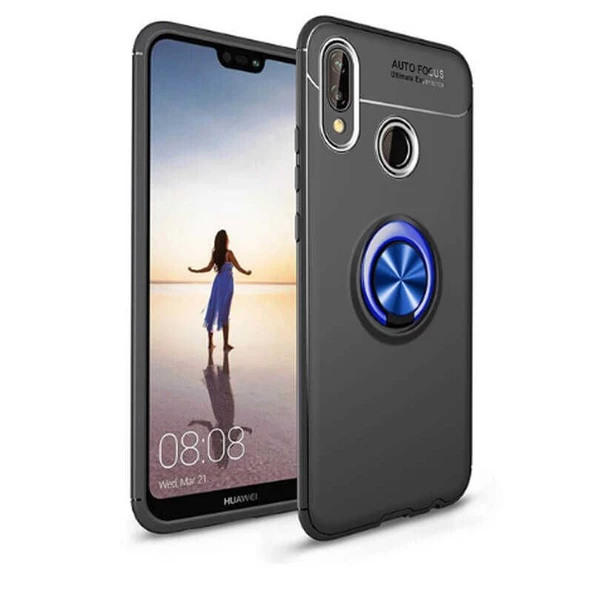 Smcase Huawei P Smart 2019 Ravel Yüzüklü Silikon Kılıf Mavi  Nano Ekran Koruyucu