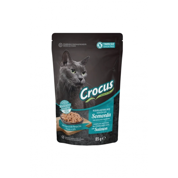 Crocus Tahılsız Kısırlaştırılmış Kedi Somonlupouch Jöleli Yaş Mama 85 G