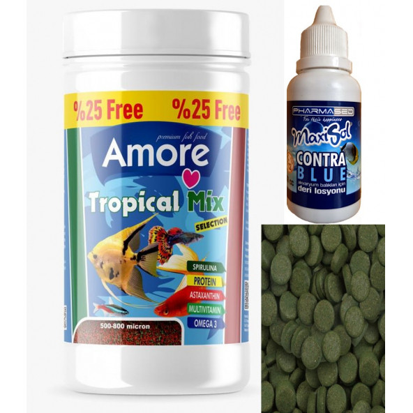 Amore Tropical Mix Granules 125 ml Canlı Doğuran Balık Yemi ve Spirulina Tablet 12 Adet ve Contra Blue