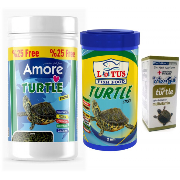 Amore Turtle Green Sticks 125 ml  Lotus 100 ml Su Kaplumbağası Yemi ve Vitamin Seti