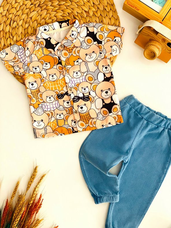 Neşeli Bebekler Kısa Kollu Önden Çıtçıtlı Gömlekli Kot Takım - 2