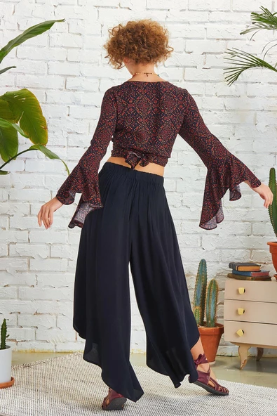 Paçası Detaylı Beli Lastikli Bol Paça Pantolon - 5