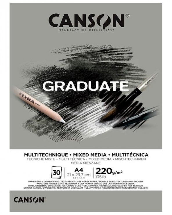 Canson Graduate Mix Media Gri Ton Çizim Defteri 220g A4