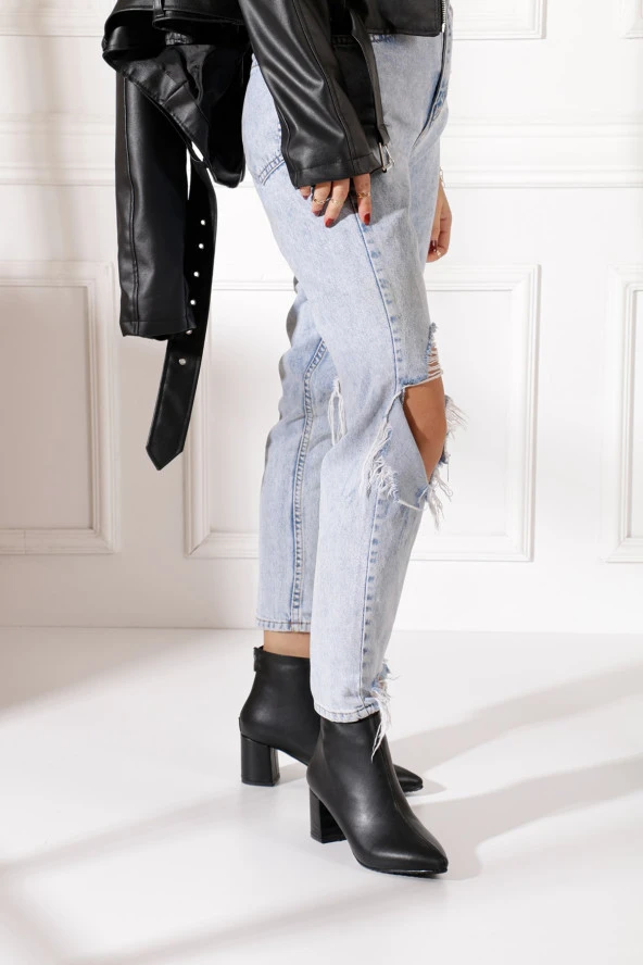 Nstil Günlük Kadın Kısa Bot Kalın Topuklu Fermuarlı Sivri Burunlu Kürklü Astarlı Bootie 211