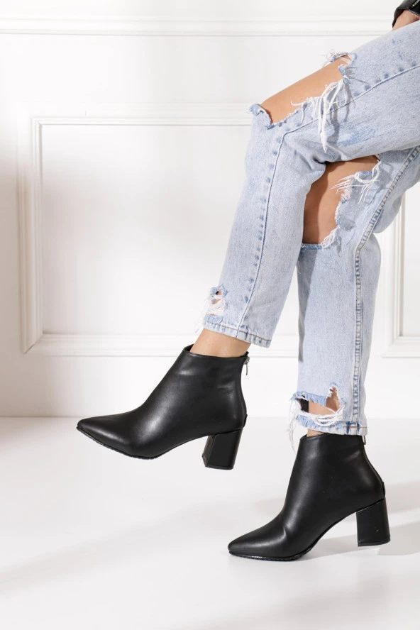 Nstil Günlük Kadın Kısa Bot Kalın Topuklu Fermuarlı Sivri Burunlu Kürklü Astarlı Bootie 211 - 7