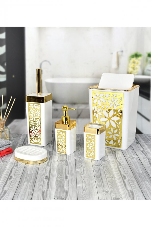 5 Parça Akrilik Beyaz Altın Çiçek Desen Banyo Takımı Kare Banyo Seti Gold Beyaz
