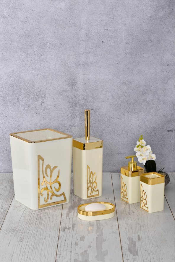5 Parça Akrilik Krem Altın Motif Desen Banyo Takımı Kare Banyo Seti Gold Krem