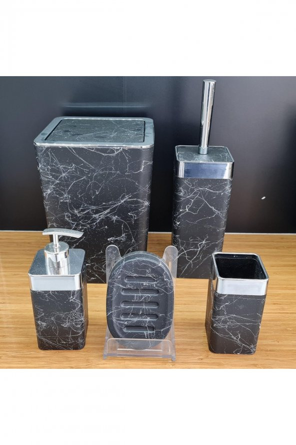 5 Parça Akrilik Gümüş Çizgi Granit Desen Soft Banyo Takımı Kare Banyo Seti Mat Siyah