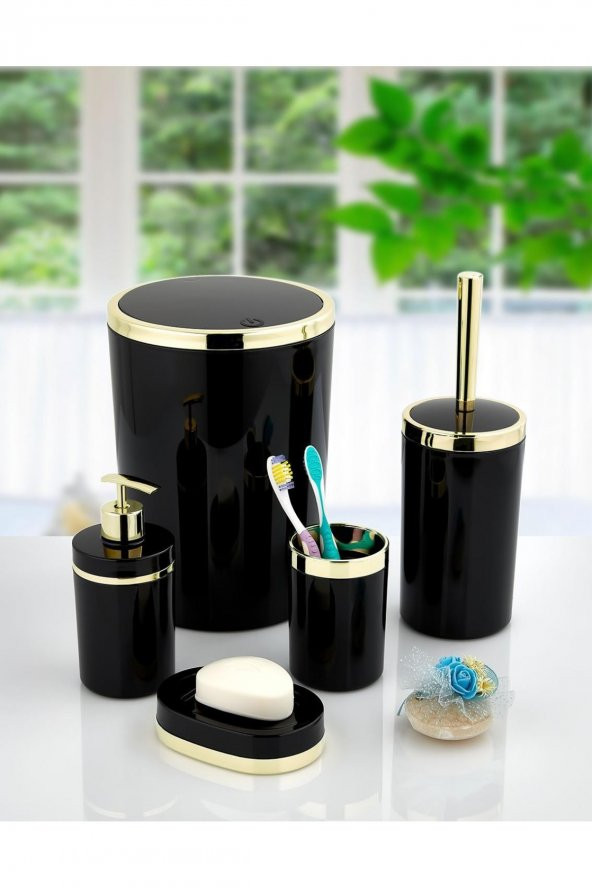 5 Parça Akrilik Gold Çizgi Banyo Takımı Yuvarlak Banyo Seti Siyah