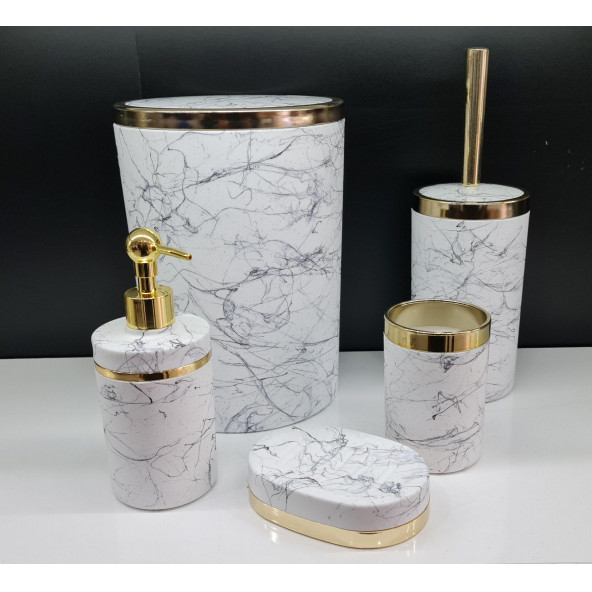 5 Parça Akrilik Gold Çizgi Granit Desen Soft Banyo Takımı Yuvarlak Banyo Seti Mat Beyaz