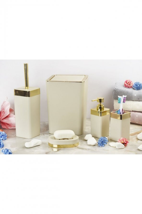 5 Parça Akrilik Gold Çizgi Soft Banyo Takımı Kare Banyo Seti Mat Krem