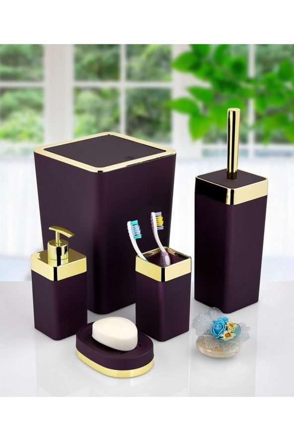 5 Parça Akrilik Gold Çizgi Soft Banyo Takımı Kare Banyo Seti Mat Mor