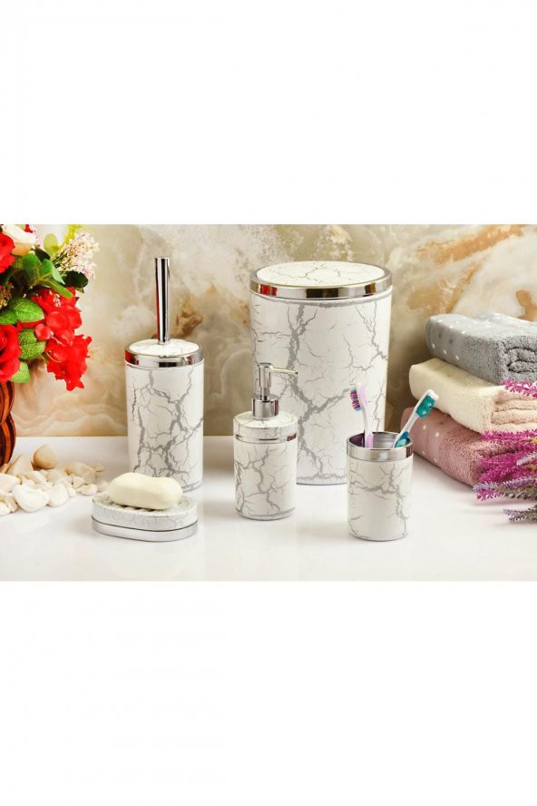 5 Parça Akrilik Gümüş Çizgi Gümüş Çatlatma Desen Banyo Takımı Yuvarlak Banyo Seti Beyaz