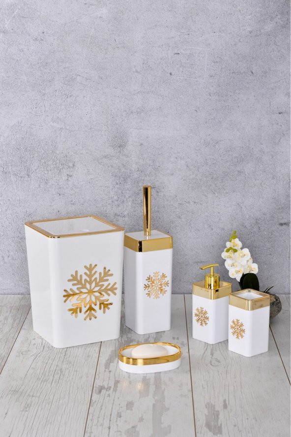 5 Parça Akrilik Beyaz Altın Kar Tanesi Desen Banyo Takımı Kare Banyo Seti Gold Beyaz
