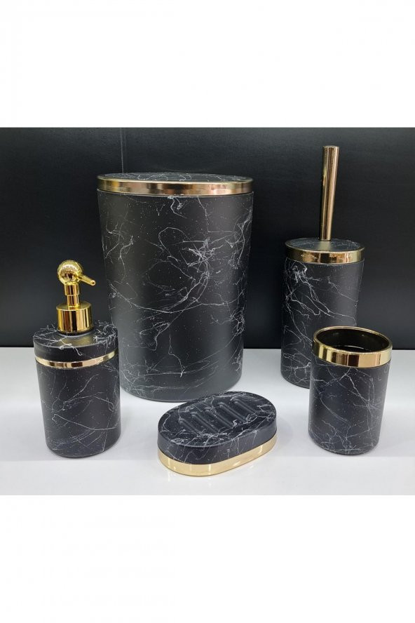 5 Parça Akrilik Gold Çizgi Granit Desen Soft Banyo Takımı Yuvarlak Banyo Seti Mat Siyah
