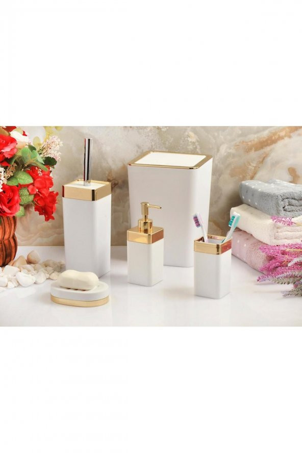 5 Parça Akrilik Gold Çizgi Soft Banyo Takımı Kare Banyo Seti Mat Beyaz
