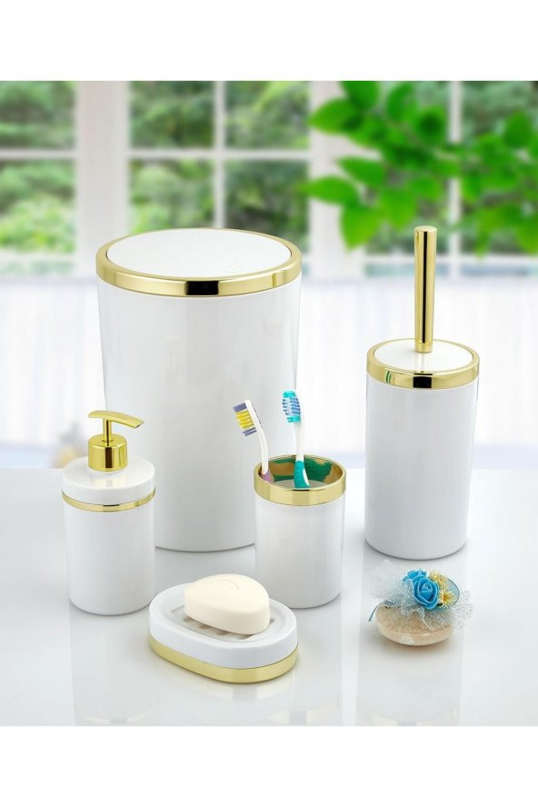 5 Parça Akrilik Gold Çizgi Banyo Takımı Yuvarlak Banyo Seti Beyaz