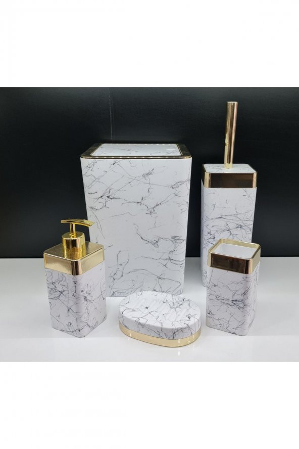 5 Parça Akrilik Gold Çizgi Granit Desen Soft Banyo Takımı Kare Banyo Seti Mat Beyaz
