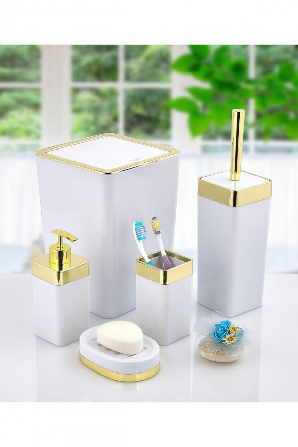 5 Parça Akrilik Gold Çizgi Banyo Takımı Kare Banyo Seti Beyaz
