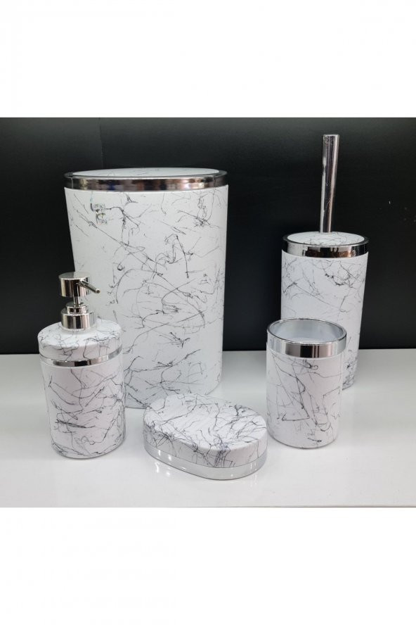 5 Parça Akrilik Gümüş Çizgi Granit Desen Soft Banyo Takımı Yuvarlak Banyo Seti Mat Beyaz