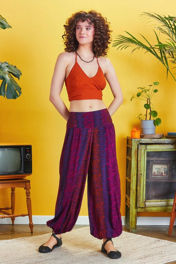 Etnik Desenli Beli Lastikli Salaş Şalvar Pantolon - 4