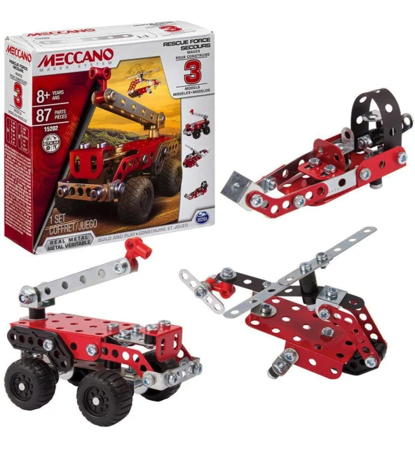 Meccano 3in1 87 Parça İtfaiye- Helikopter ve Kurtarıcı Metal Lego- Maker System