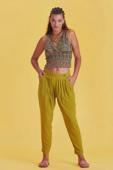 Ağı Düşük Dar Paça Pileli Pantolon