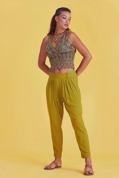 Ağı Düşük Dar Paça Pileli Pantolon - 2