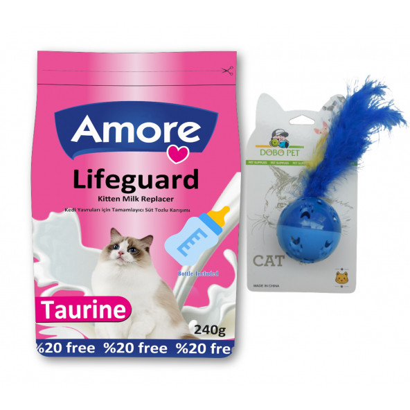 Yavru Kedi Süt Tozu LifeGuard 240gr Biberon ve Tüylü Oyuncak Top Mavi
