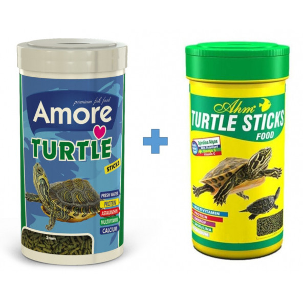 Amore Turtle Sticks 250ml ve AHM Turtle 250ml Sürüngen ve Kaplumbağa Yemi