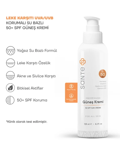 Sante Plus Leke Karşıtı, Cilt Bariyeri Güçlendirici SPF 50+ Yağsız Yüz ve Vücut Güneş Kremi 125 ML - 2