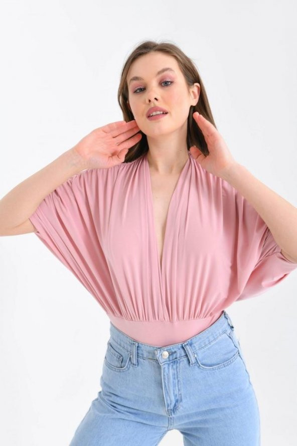 V Yaka Derin Sırt Detaylı Pembe Kadın Bodysuit - 2