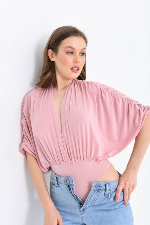 V Yaka Derin Sırt Detaylı Pembe Kadın Bodysuit - 3